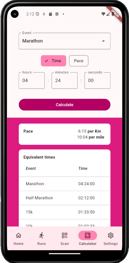 A screenshot from the Rock n Road Runners mobile app showing the run calculator.