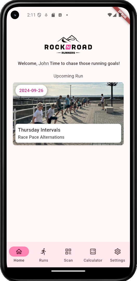 A screenshot from the Rock n Road Runners mobile app home screen, showing the upcomming run.