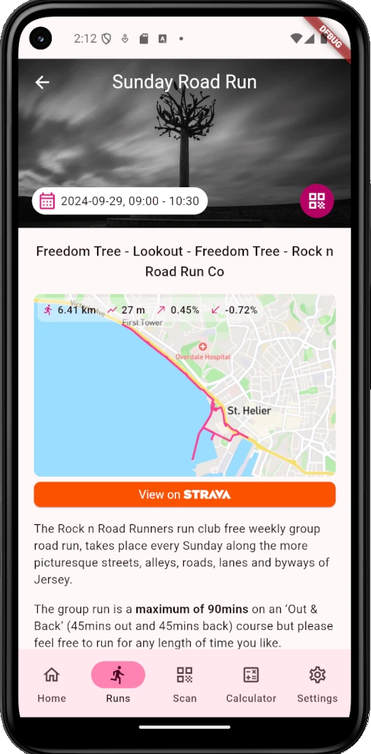 A screenshot from the Rock n Road Runners mobile app showing the run details.