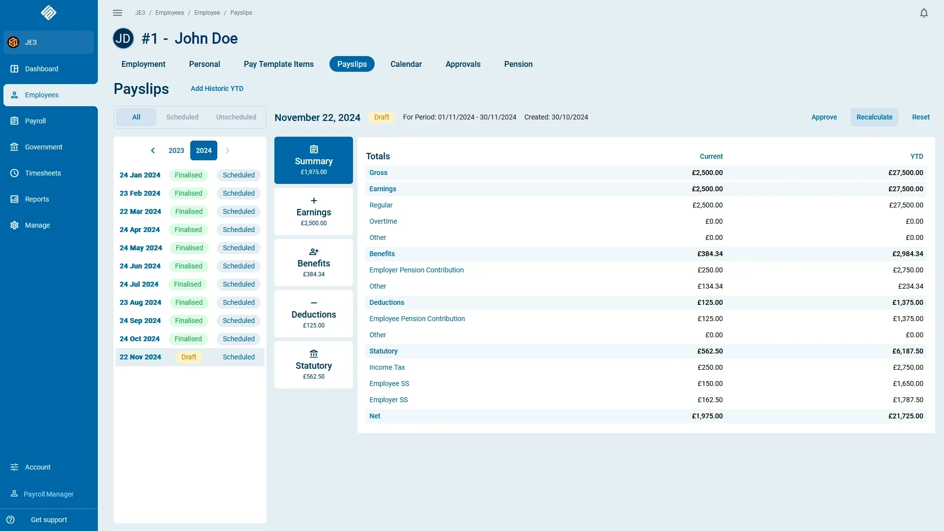 A screenshot from SecurePay depicting a payslip view for John Doe.